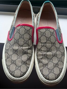 Gucci Beige GG Canvas Slip-On Sneakers with Pink Trim and Light Blue Accents